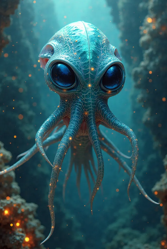 A highly detailed, ultra-realistic digital painting of an alien creature named Oxol2, a 700-year-old aquatic extraterrestrial. Oxol2 has semi-transparent, bioluminescent skin shimmering in shades of blue and green, with intricate glowing vein-like structur...