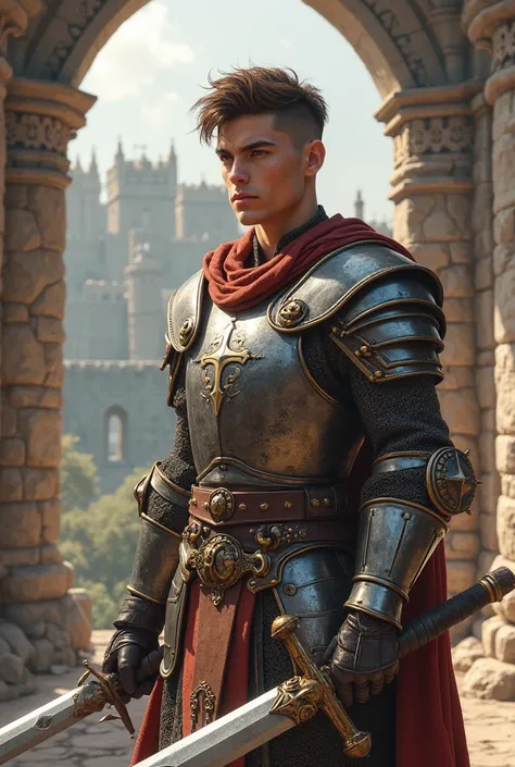 Create a muscular, 18-year-old prince wearing partial armor, wielding a two-handed sword. He has brown hair and shaved sides and brown eyes, background is a fortress