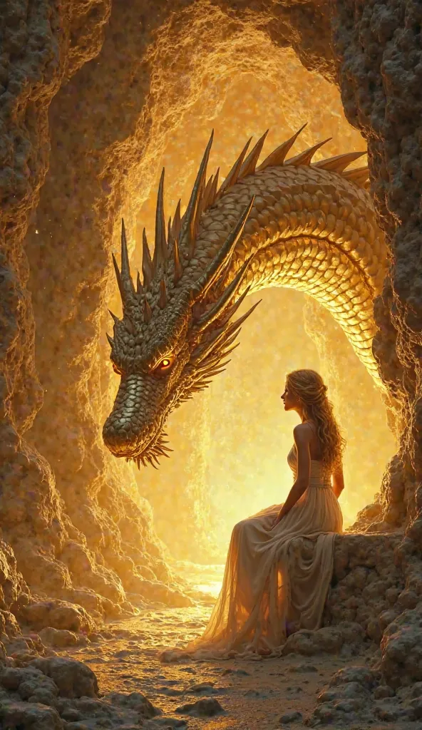 A cave bathed in mystical light, where a majestic golden dragon bows before a beautiful young goddess with golden hair and an innocent gaze. The dragon emits a mesmerizing glow, its scales reflecting an unearthly gold. Persephone, seated on a stone altar, ...