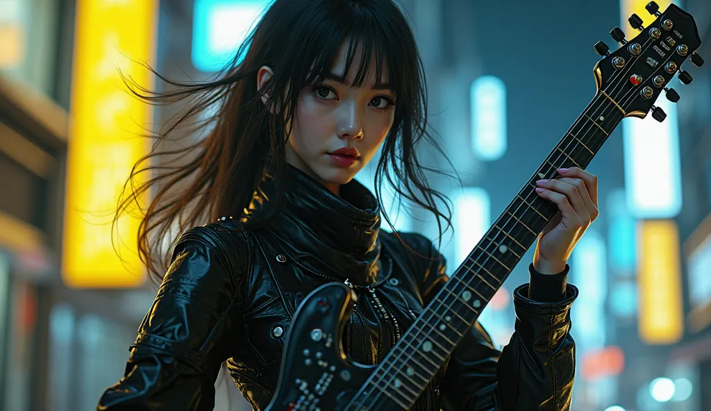 a beautiful woman with flowing hair, holding a black guitar with robotic parts in the cyber punk style, in a nighttime environment in Tokyo with yellow and blue neon lights