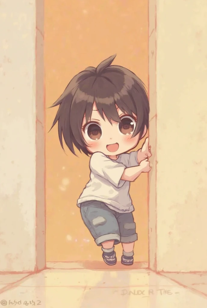 The chibi tomboy girl peeks from behind a corner with a playful, mischievous expression.
She has short, slightly messy hair and big, expressive eyes.
She wears a casual, slightly oversized T-shirt and loose-fitting shorts that match her tomboyish personali...