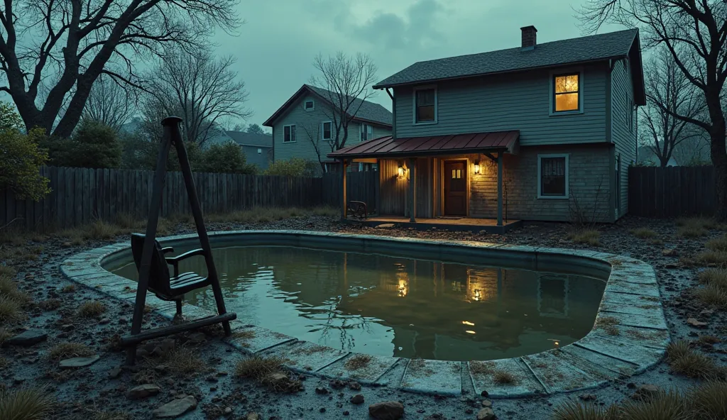 A two-story house has a pool in the backyard, the pool is covered in mud, and next to the pool at night is a swing with a muddy top