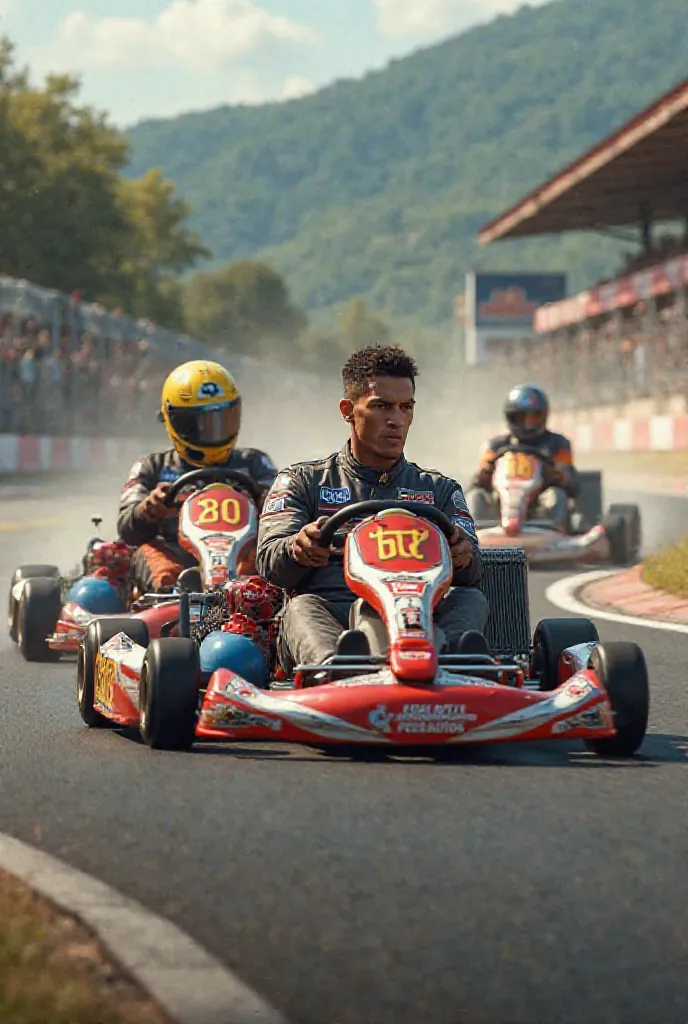 Realistic photos of Neymar Cristiano and Messi competing in a kart race