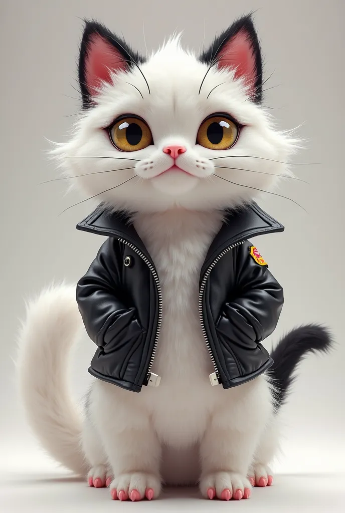 The cat in the form of an anthropomorph very fluffy coat all white and black leather jacket cute paws with pink pads and a white tail, the ears do not hang much