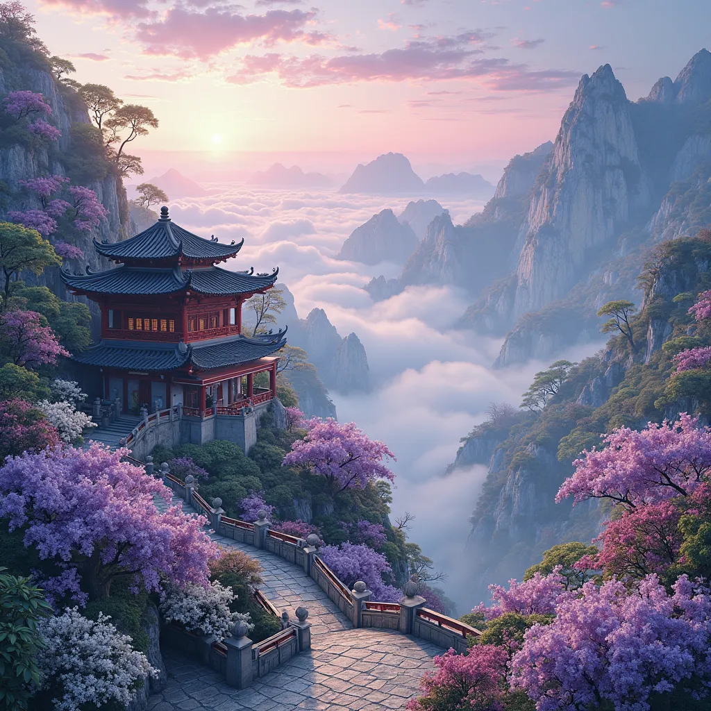 mdjrny-pprct, chinese architecture, osmanthus, wisteria, salvia, white flowers, purple flowers, flowers blooming endlessly, mountain steps, flowers on both sides, mountain path, blooming flowers, lush flowers, endless steps, high mountains, clouds (high re...