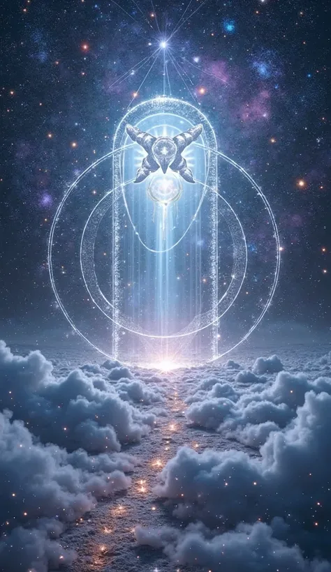 an enigmatic heavenly scene, Where a mystical portal made of silver light opens in the middle of the cosmos. The Capricorn symbol shines brightly in the center, surrounded by twinkling constellations and ethereal mists that move smoothly. Pulsating energy ...