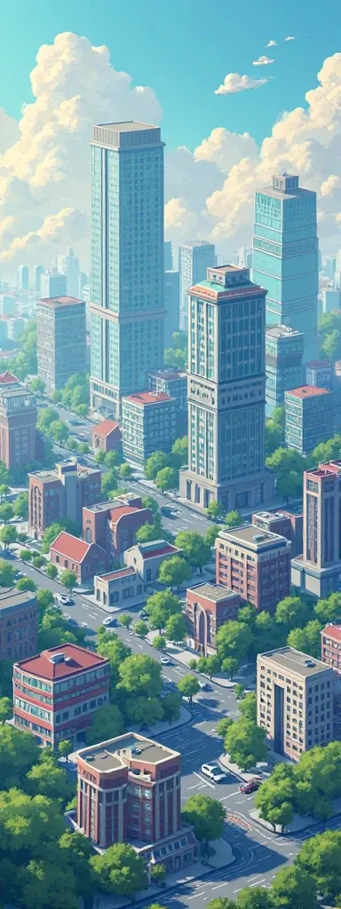 low resolution isometric landscape of a city with multiple buildings that fill the entire image