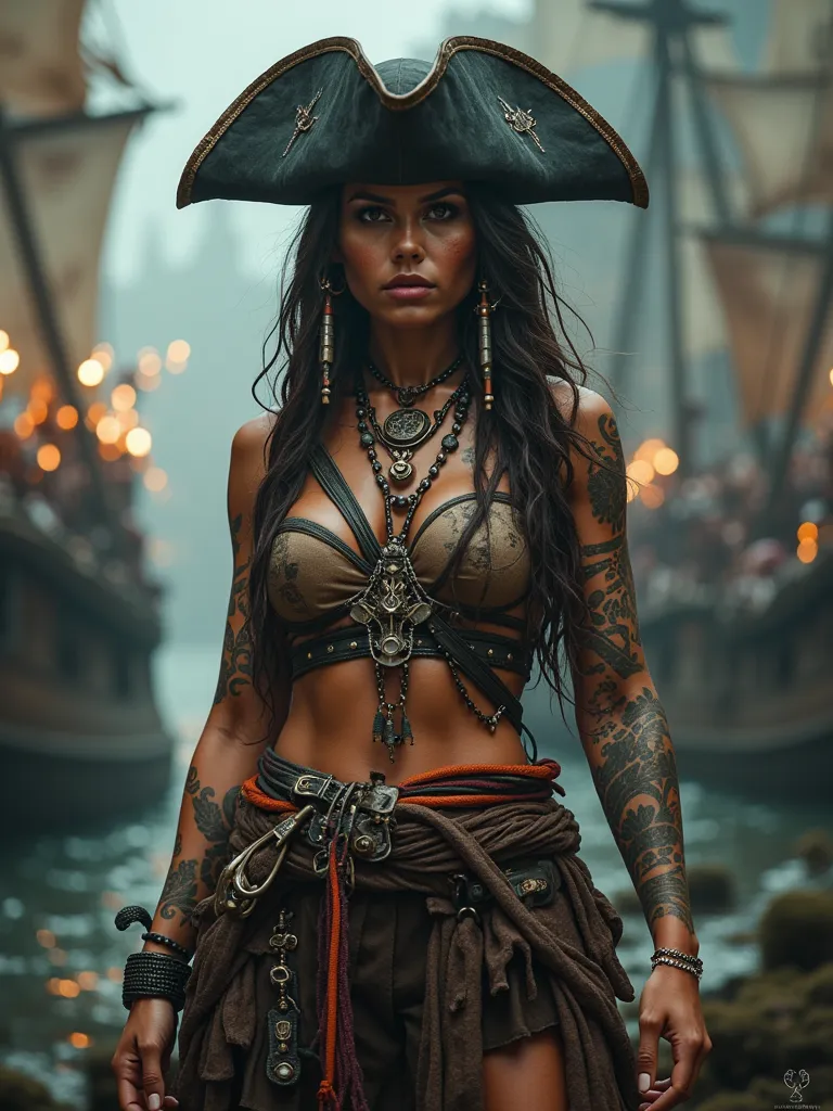 Full body view A commanding Native Caribbean pirate captain stands tall amidst the Pirate City of Lost Ships, her fierce expression and intricate tattoos reflecting chaos. Dramatic side lighting adds intensity to the scene, blending natural and futuristic ...