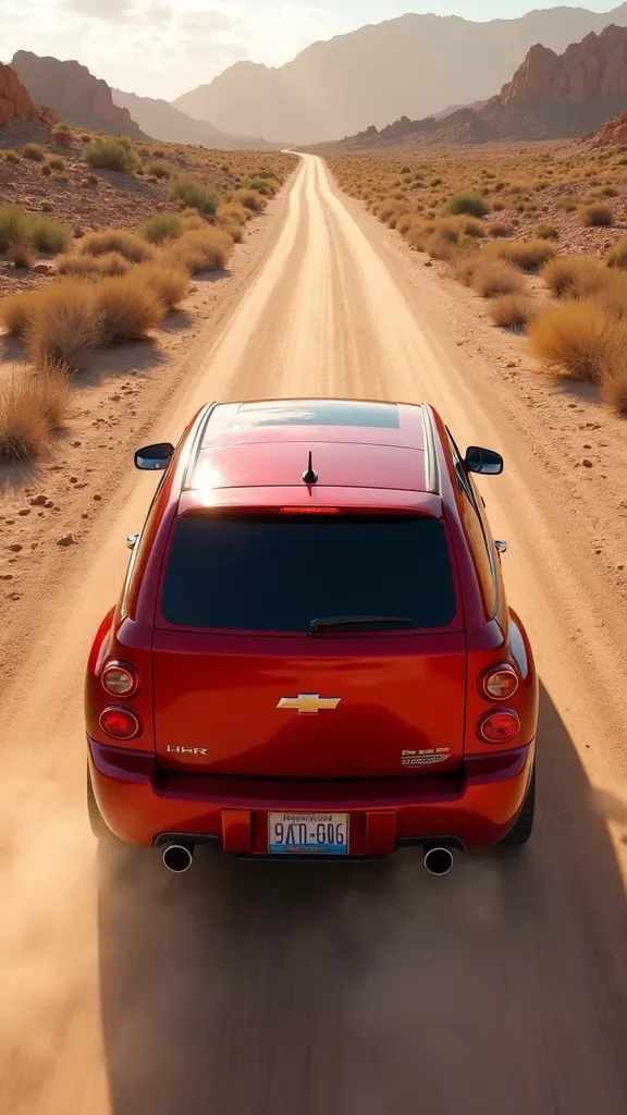 Aerial view of a red 2025 Chevrolet HHR SS. rear angle, Realistic, lighting and color details that border on reality., Are you going through a dirt road in the desert.