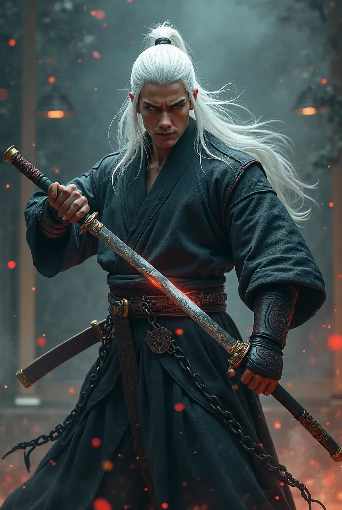 A tall guy with white hair and red eyes, wearing martial arts clothing, wielding 2 nichirin swords connected with a chain