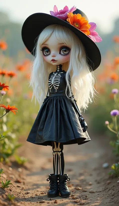 Artistic photograph, stylized doll-like skeleton girl with vibrant white hair, wearing a black leather dress, black tights with painted bone details, a black wide-brimmed hat adorned with colorful pink, orange, and purple flowers, standing in a field of wi...