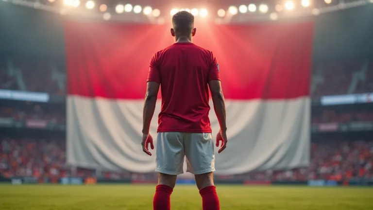 (masterpiece, best quality) realistic, HDR, 8k, rock band player, red t-shirt, white shorts soccer player costume, full body. Stage background in middle of stadium, spotted red and white Indonesian flag backstage 