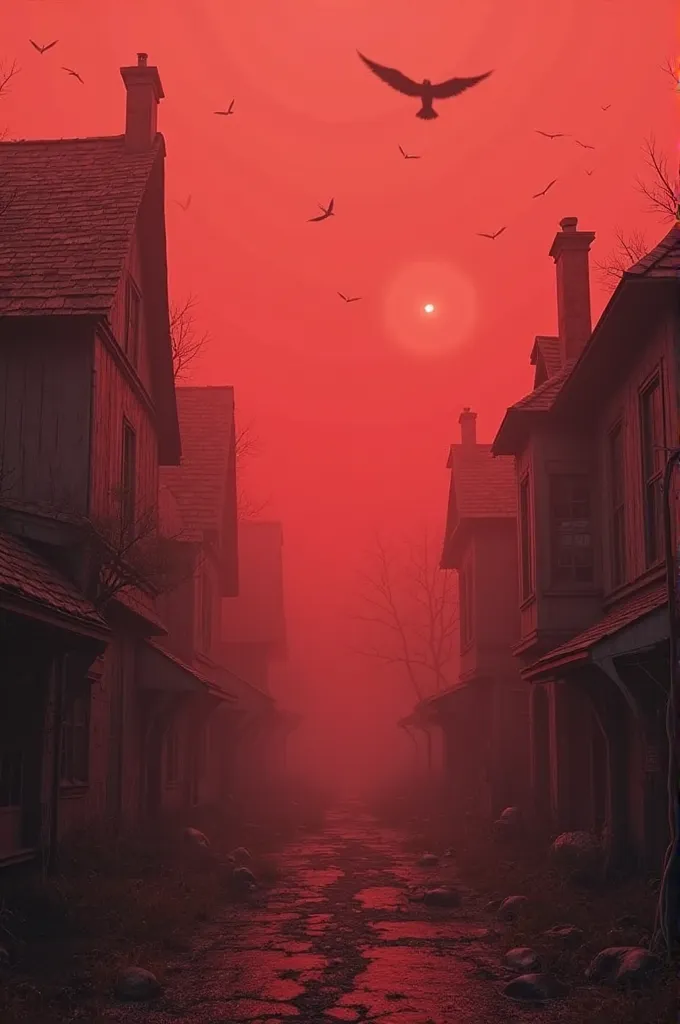 create a photo of a village submerged in red fog, It must be dark and dark, that seems abandoned but in reality it is inhabited 