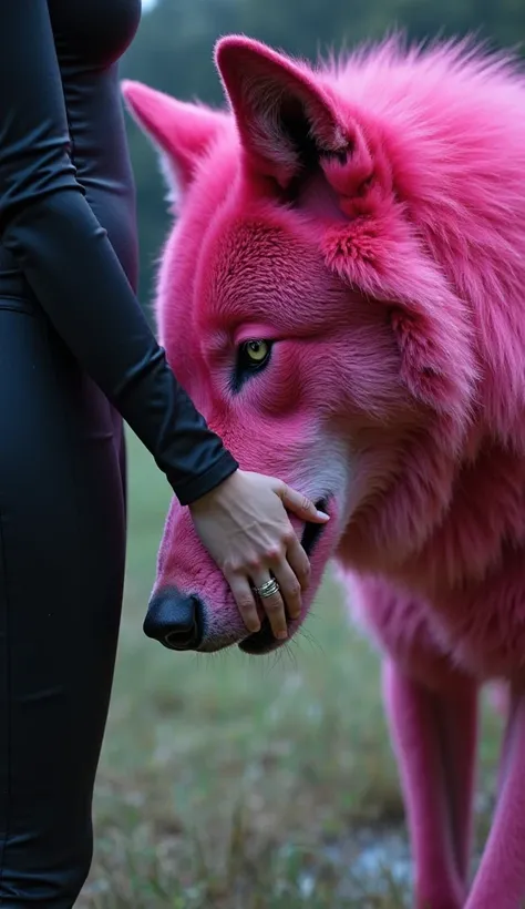 "A close-up of the hand of the young woman, dressed in black leggings and black hair, gently touching the wolf's huge head of hot pink fur. Her fingers run through the soft fur as she strokes it, a silent moment of connection between them. The wolf remains...