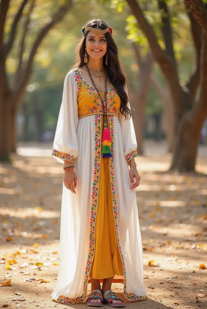 A young woman, likely of Middle Eastern or North African descent, is depicted in a traditional, ornate dress. She is positioned slightly to the left of center, in a park-like setting under trees. The woman is wearing a flowing, white, long-sleeved dress wi...