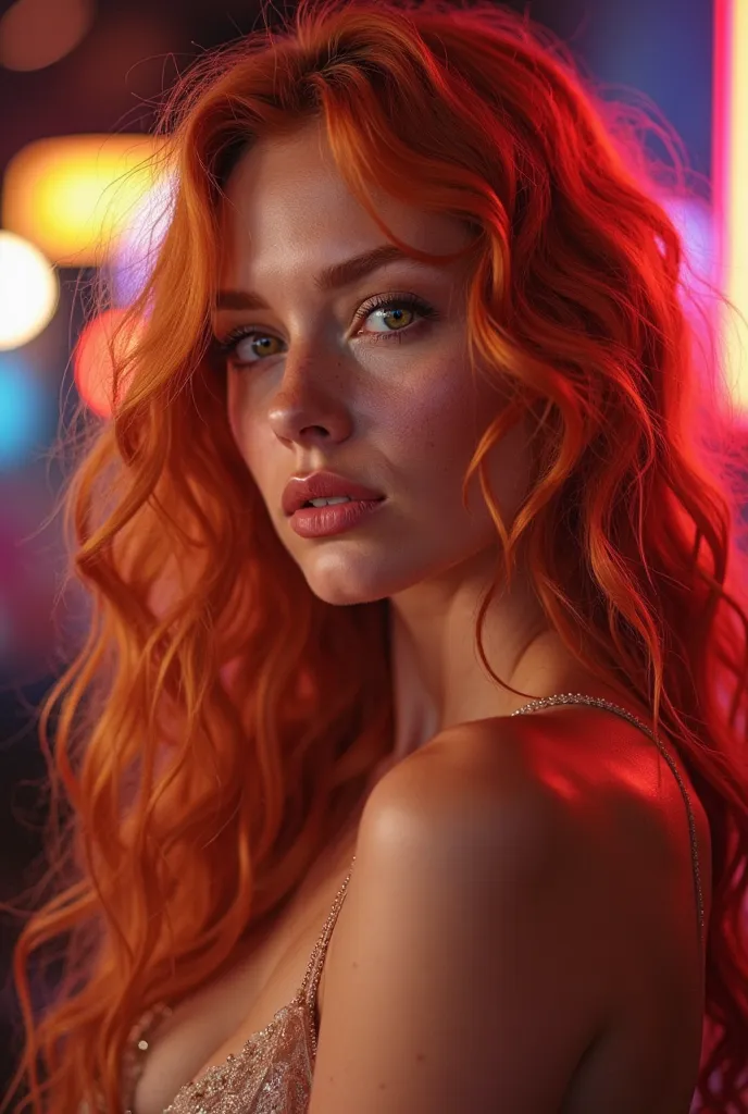 A young adult woman, she have an innocent face but in reality she is a stripper, she have very long curly orange-ish ginger hair, bright amber/honey eyes like melted gold and porcelain skin, that is splashed with soft freckles in her nose, cheeks and shoul...