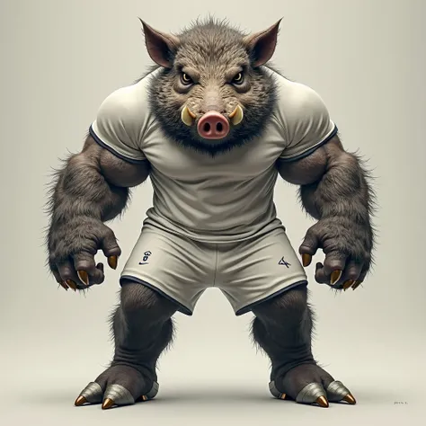 Create a strong and angry humanoid boar, standing, full body,  in front of me,  looking at me , dressed in a white soccer uniform and in soccer cleats 