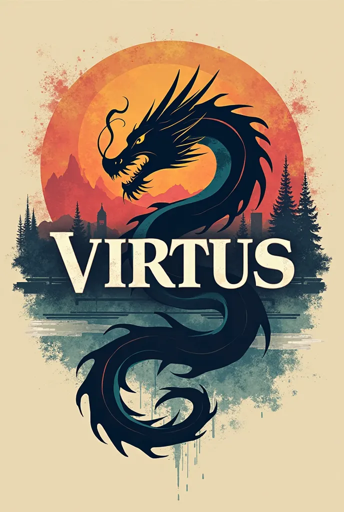 Aesthetic logo with the name of VIRTUS fused with a simple and aesthetic dragon and something retro from the 90s