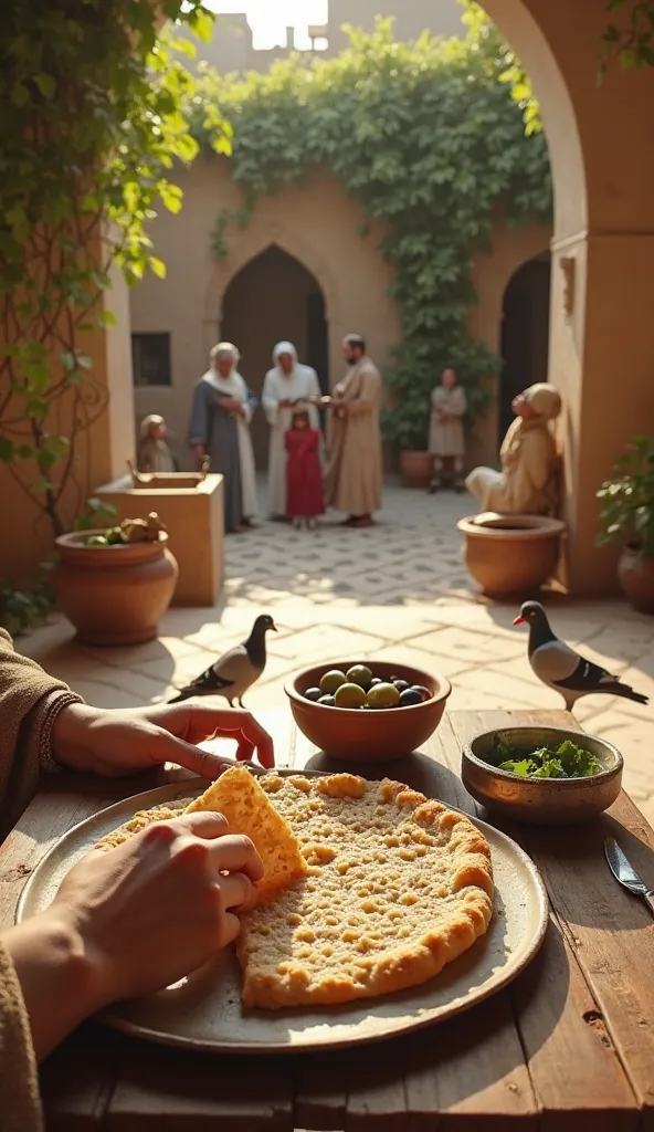 Create an 8K ultra-photo-realistic image of a first-person POV seated at a low wooden table in a 12th-century Almohad patio. The foreground focuses on a hand tearing a piece of barley flatbread (*harcha*), its crumbly texture and charred edges detailed. A ...