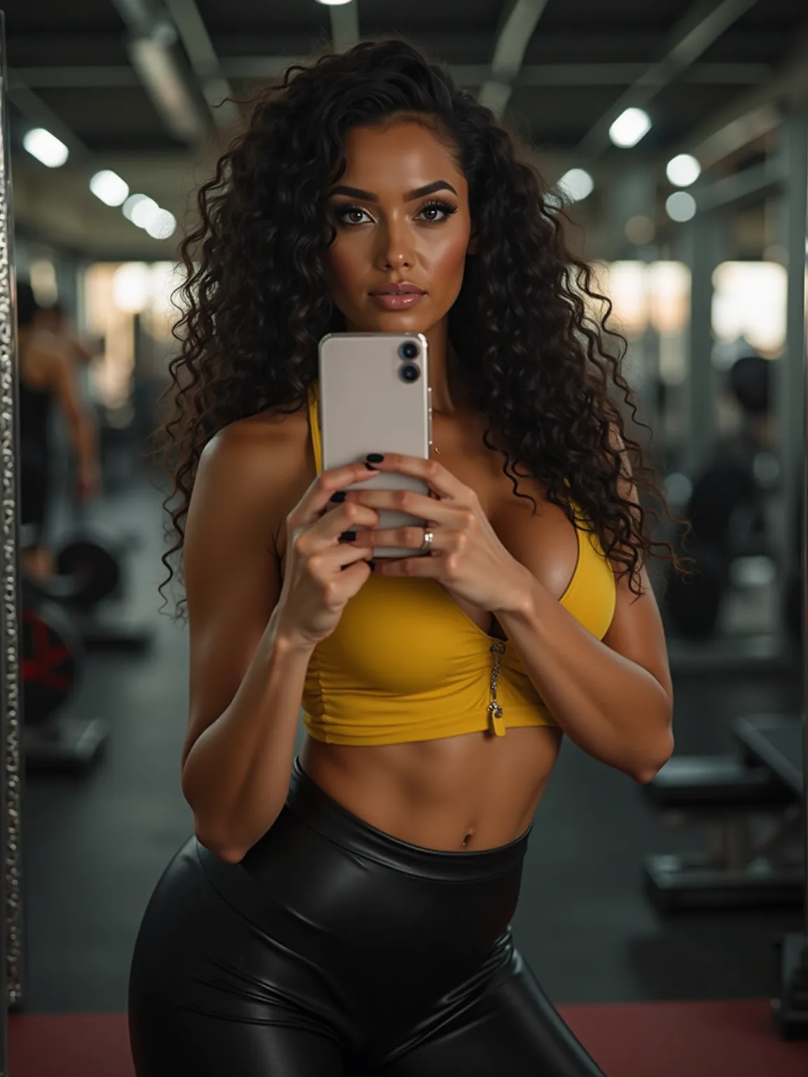 Photo, Brazilian , sultry eyes, slightly tan, long eyelashes, lip gloss, long black curly hair, dark brown eyes, hourglass body, thick muscular thighs , few wrinkles, big big breasts, mirror selfie at busy gym with iphone, black leggings, yellow top, morni...