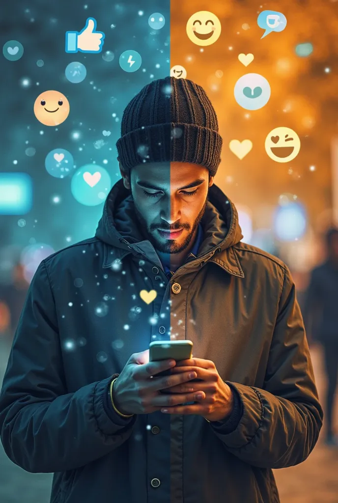 
A composition divided into two halves. On the left side, a person is absorbed in their smartphone, surrounded by digital bubbles that show “likes”, notifications and emojis, all in cold and desaturated tones that transmit isolation.  On the right side , t...