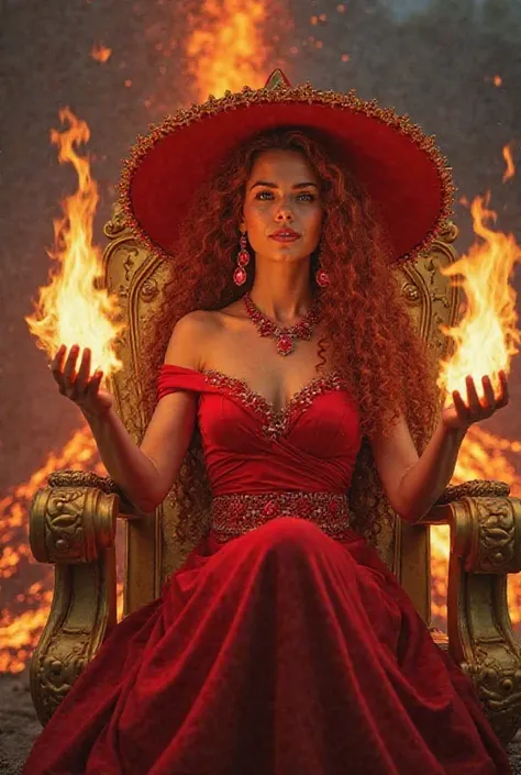 Female, Young Girl, Red Curly Long Hair, Large Decorative Red Hat, Huge Breasts, Blue Eyes, Red Lips, Ruby Earrings, Ruby Necklace, Red Lava Off Shoulder Gown, Shooting out Glowing Fire from both hands, Erupting Volcano with Glowing Lava as Background, Nig...