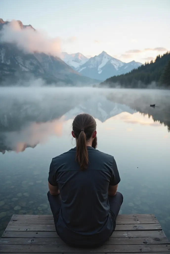 A man with a low ponytail and a short but thick beard sits at the edge of a wooden dock, his back fully turned to the viewer, looking out over a still lake covered in early morning mist. The water mirrors the surrounding mountains and the soft colors of th...