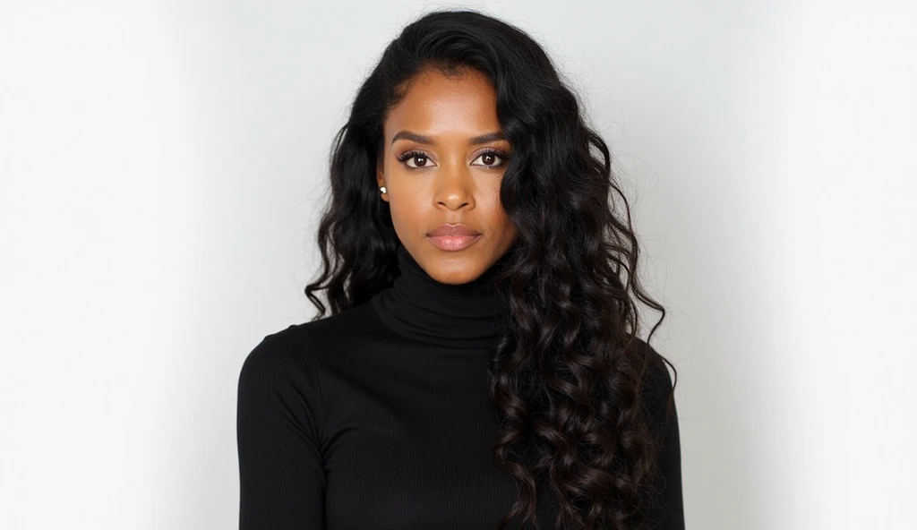 Image is a portrait-style photograph featuring a woman with long, curly black hair cascading over her shoulders. She has a medium-dark skin tone and is wearing a black turtleneck top. Her expression is neutral, with a direct gaze towards the camera. The ba...