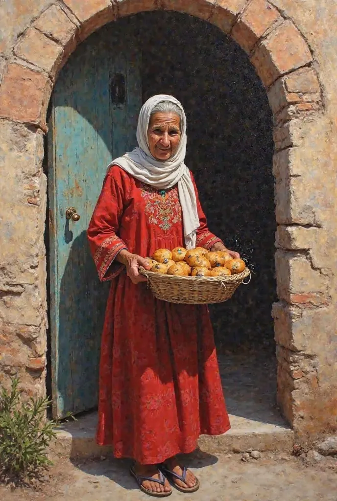 An original abstract oil painting, an old woman with an old Yemeni features, a hijab and a beautiful smile, in front of an old Yemeni house in Old Sanaa wearing the traditional red Sanaani dress, carrying cakes and sweets inside 