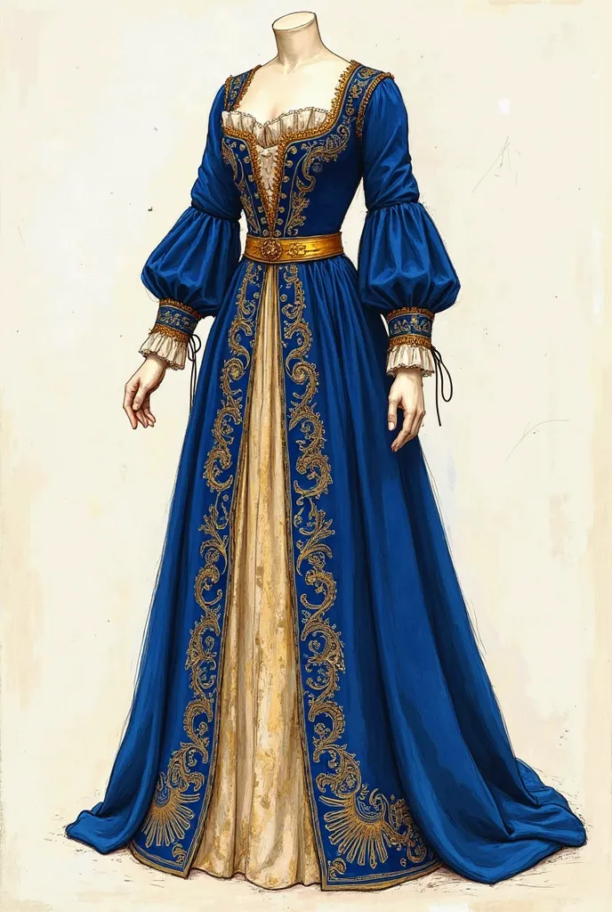 Sketch of a dress with a corset model more structured, with a well-marked V-shape at the waist and with a royal blue velvet fabric with gold embroidery with Byzantine patterns. well-defined waist, by a wide, golden belt, as in the Byzantine Empire. Long, p...