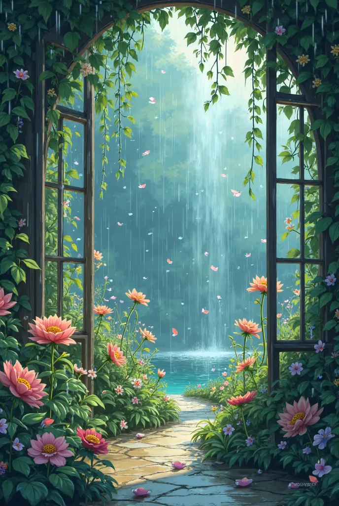 Raining, storm, garden, flowers, hayao miyazaki style, ghibli style, wetness, glass, perspective, anime style