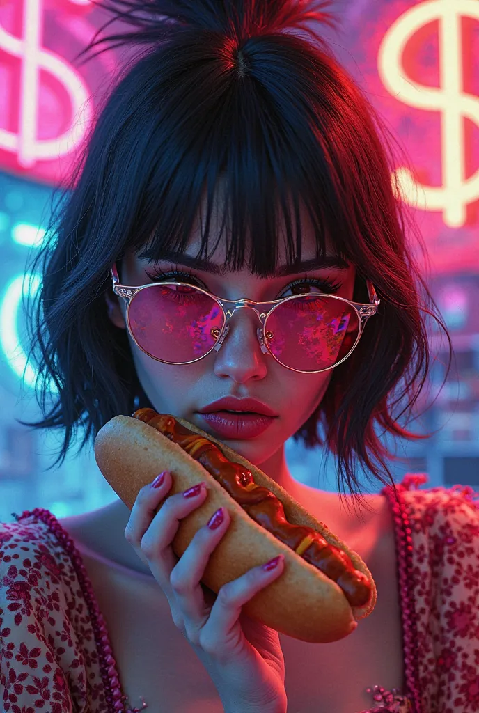 Beautiful woman with pink lenses, black hair, holding a hot dog, with neon colored backgrounds, symbols with a happy face, Dollar symbols in the background 