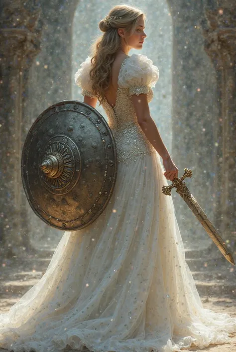 A modest bride dressed in white with a dress filled with shiny stones and armed with a shield and sword, She is seen from the back