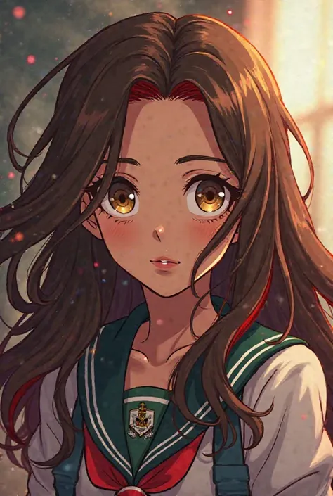 Screenshot of My Hero Academia girl with long wavy brown hair with red locks and light brown eyes in the UA uniform
Light brown skin 