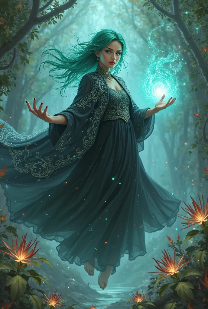 A mesmerizing sorceress with green hair and piercing blue eyes, floating above a mystical, otherworldly landscape filled with glowing plants and ethereal light. She is adorned in a flowing black dress and jacket style with intricate silver embroidery. Her ...