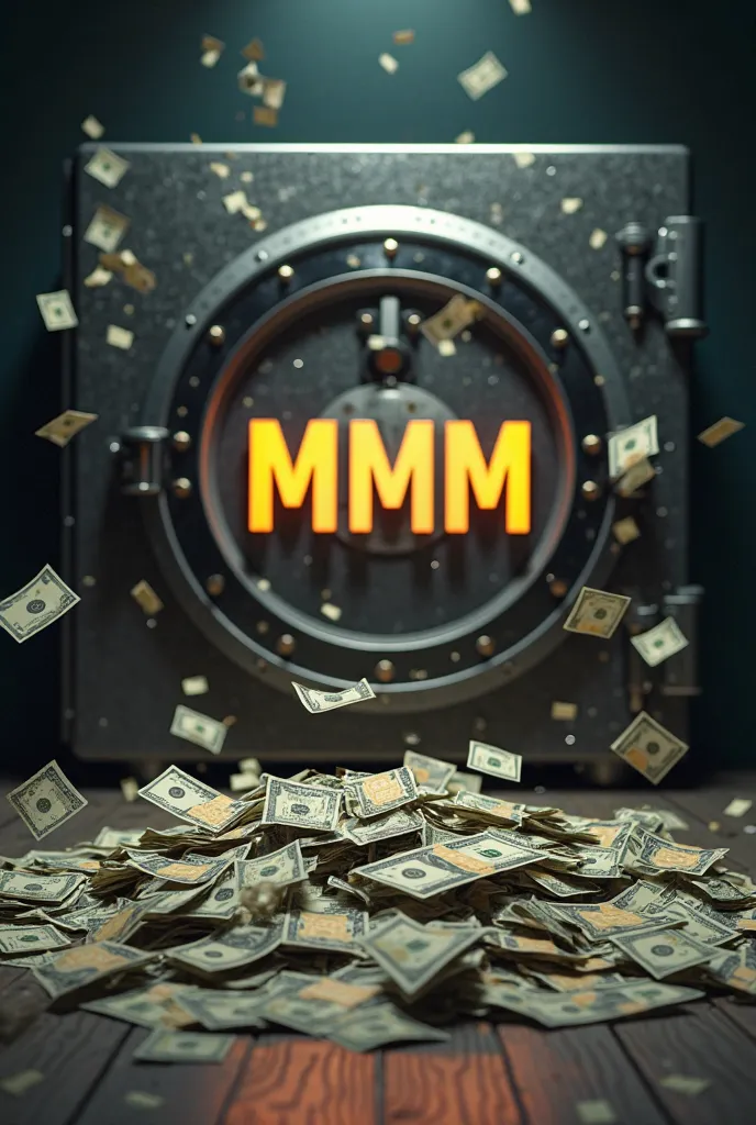 Create a picture for me, that shows a lot of money in the middle of the picture, in the middle are the letters MMM, The background should look like a safe, make the MMM in a matching font and let money fly around the room