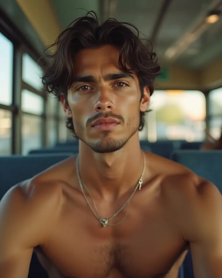 A young man with wavy dark hair, strong eyebrows, and chiseled facial features sitting on a public bus. Light beard. He has a relaxed yet confident expression, gazing slightly into the camera with a soft intensity. His skin is smooth and warm-toned, and he...