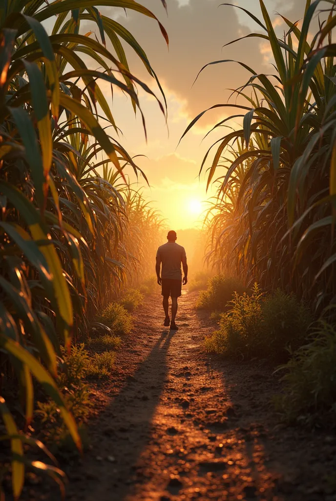 Ultra-realistic image in POV style (first person falls), capturing your sight as you leave the shed and walk to the mill. Your rough hands push away the sugarcane branches As you make your way across the field. The rising sun paints the sky in shades of go...