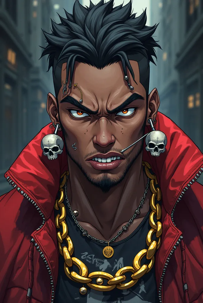 "Anime Cartoon", The image  depicts a man with an intense, defiant gaze, dramatically lit. His face is striking, with dark skin and a strong expression. He has obvious piercings, including a large skull earring and gold teeth, which highlight his bold styl...