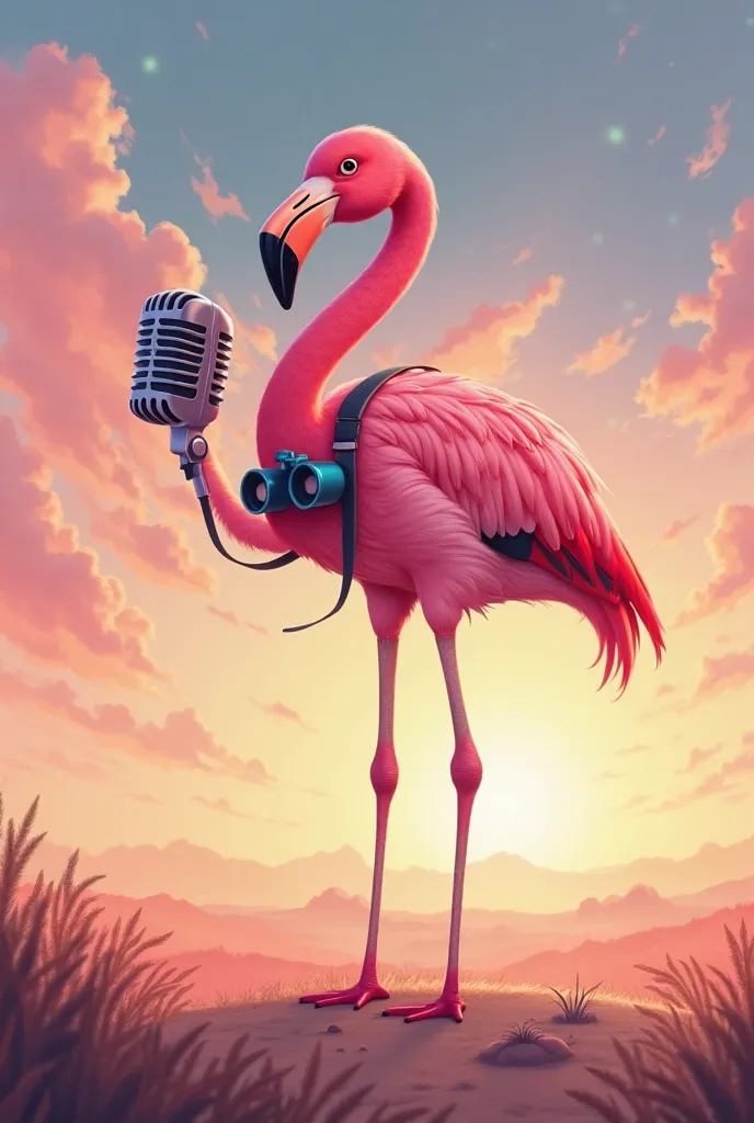 Pink flamingo on the horizon holding a microphone and binoculars around his neck