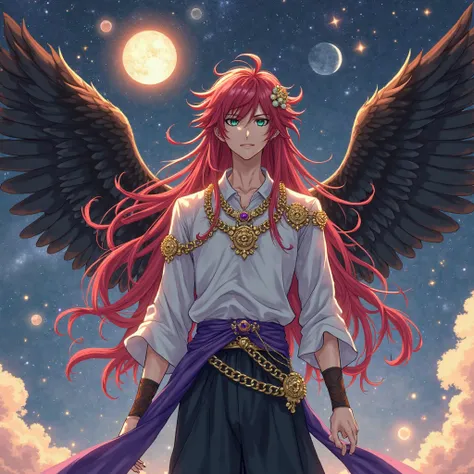 A male character with long crimson hair with golden flowers with intense green eyes, with black wings with gold chains with purple details, with long black pants with Gregro white belt, with an ancient Greek white shirt, in a magnificent space filled with ...