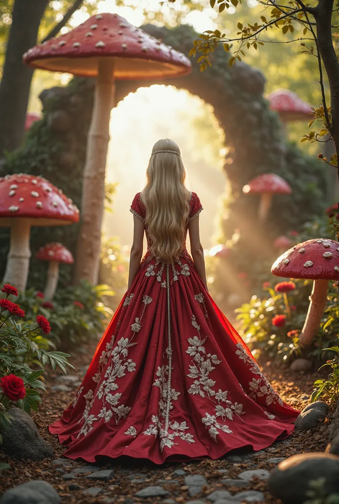 
1. ** magic environment style:**
   - "One fairytale setting with a path illuminated by soft light, surrounded by surreal looking mushrooms and fanciful plants."

2. **Figures in Elaborate Dresses:**
   - "A female figure with long blond hair wearing a vi...