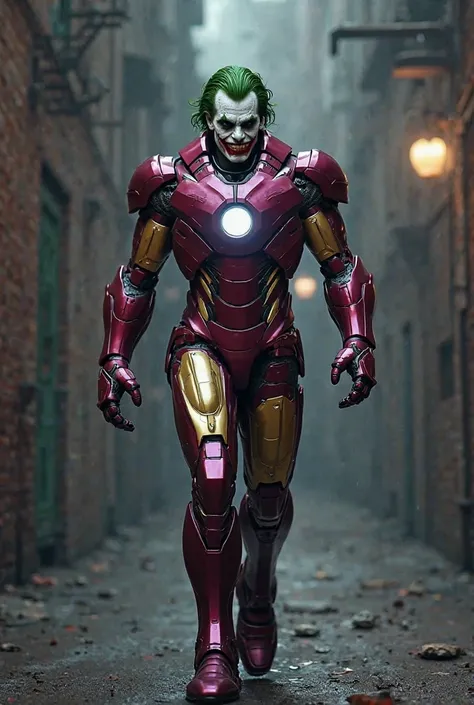 Marvel's Iron Man with his costume looking like the DC Joker walking toward the camera