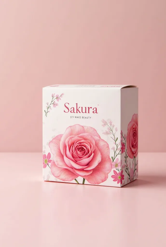 Make a skin care product box that looks like the skin care brand "sakura" rosa com o nome make beauty