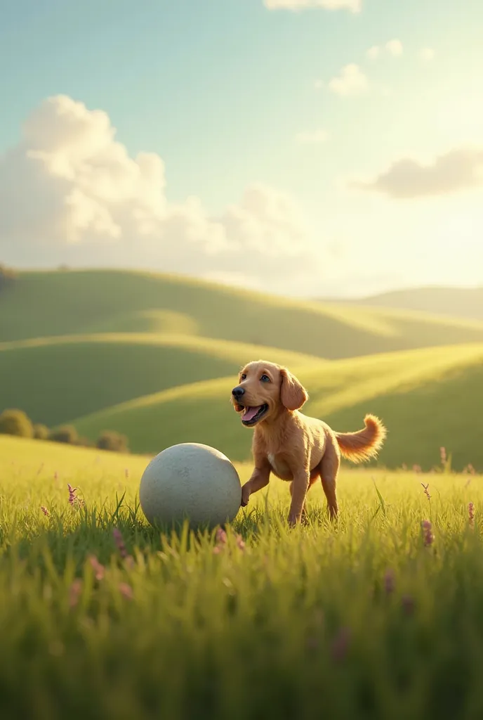 The same thing but that the background is a field, And the dog is on the left side of the ball