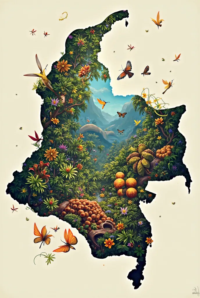 I would like an image with the map of Colombia filled with everything characteristic of the country,animals, food, fashion, monuments