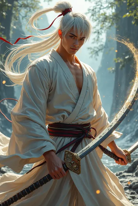 A tall guy with a flashy smile, white hair and red eyes, wearing martial arts clothing, spinning 2 big nichirin swords in the air, which are bound by a chain