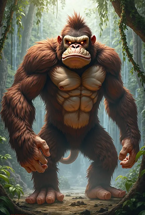 A humanoid hybrid creature with the upper body of Donkey Kong (his muscular build, barrel, and fierce expression) and the lower body of a gorilla (powerful legs and a sturdy torso). His eyes glow with a bright red light, and his barrel crackles with energy...