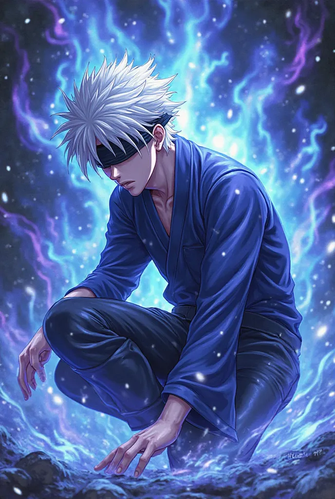 Gojo Satoru from Jujutsu Kaisen, crouching pose, dynamic, ethereal, glowing, flowing energy, detailed, digital art, stylized, blue, purple, white, vibrant colors, dramatic lighting, highlights, glowing effects, blindfold, spiky white hair, flowing energy a...