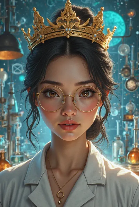 20-year-old woman, king,  with brown eyes, with golden glasses, scientific 